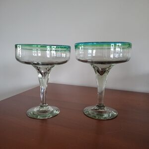 Handblown Margarita Glasses Blue & Green Rim 10oz